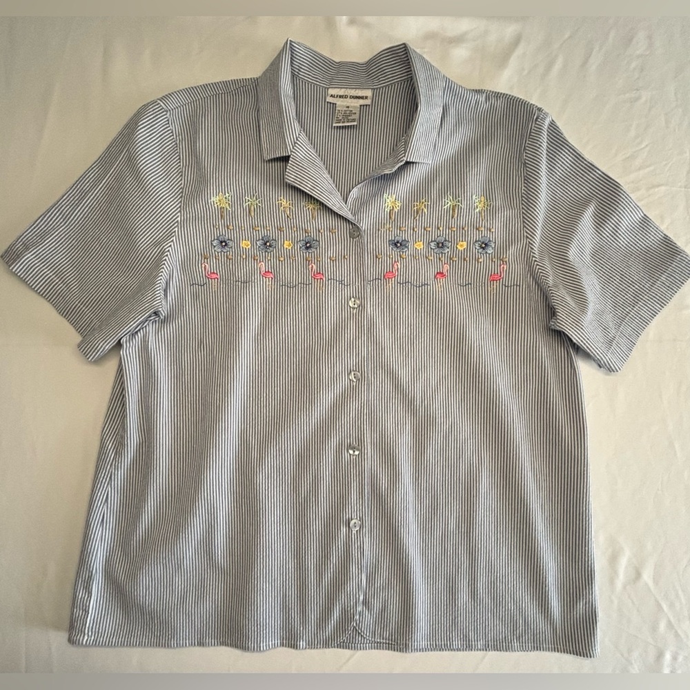 Vintage Alfred Dunner Blue White Stripe Summer Top Sz 16 Embroidered Beaded